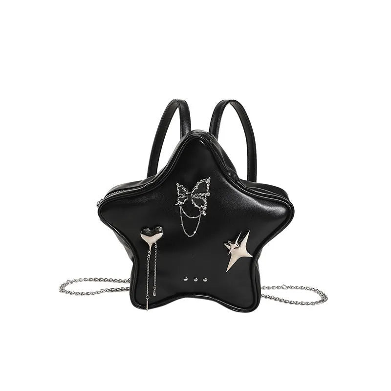 Black soft PU street-style backpack with metal star and butterfly pendants, chain trim, and multiple pockets.