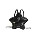 Black soft PU street-style backpack with metal star and butterfly pendants, chain trim, and multiple pockets.