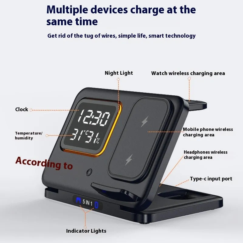 Black 15W wireless charging dock station with digital clock display charging a phone and watch