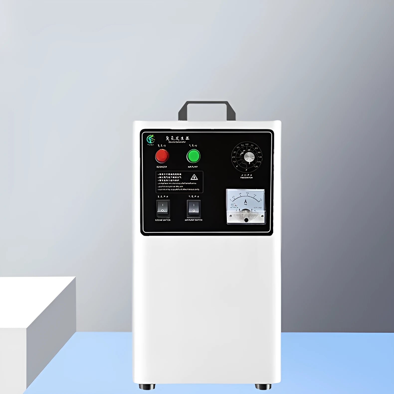Portable ozone generator for treating fruits and vegetables, in white or stainless steel finish, with 20g per hour output.