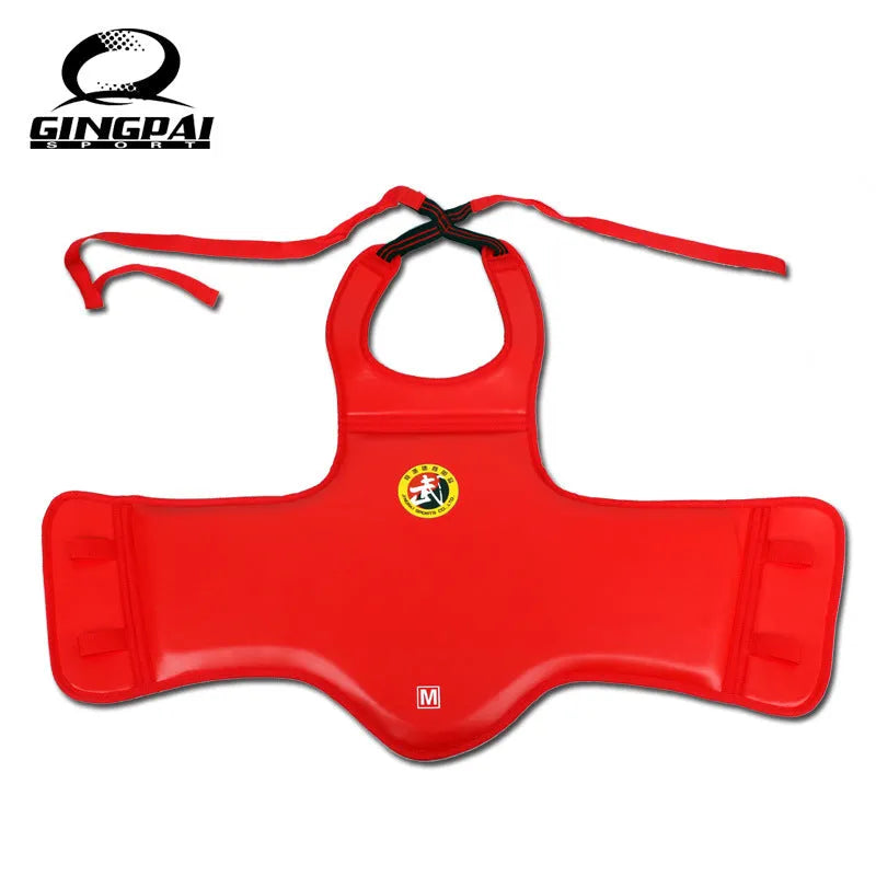 Red boxing helmet and one-piece chest protector set for fighting training