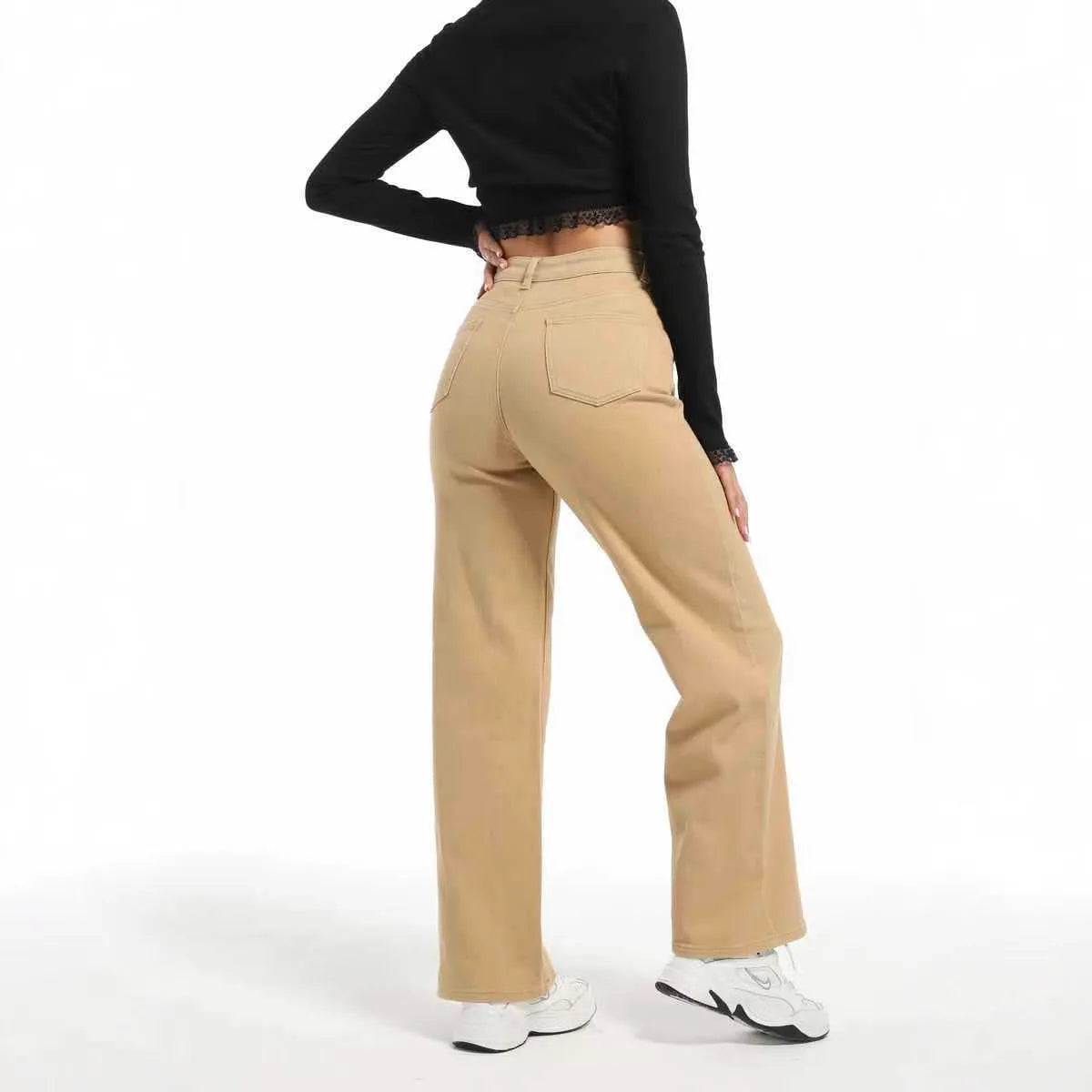 Women's high-waist wide-leg straight jeans in apricot and khaki colours made from stretch cotton.
