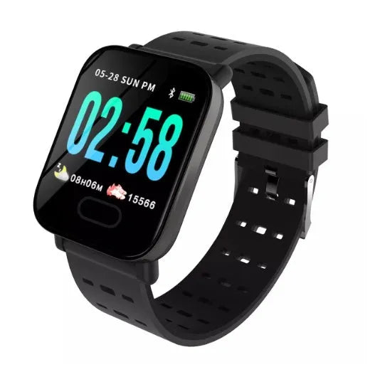 A6 smart bracelet with colour screen and silicone strap in blue, showing the zinc alloy case.