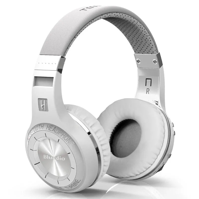 Wireless Bluetooth subwoofer headphones with 57mm driver in white, featuring PU earplugs and 1.2m cable