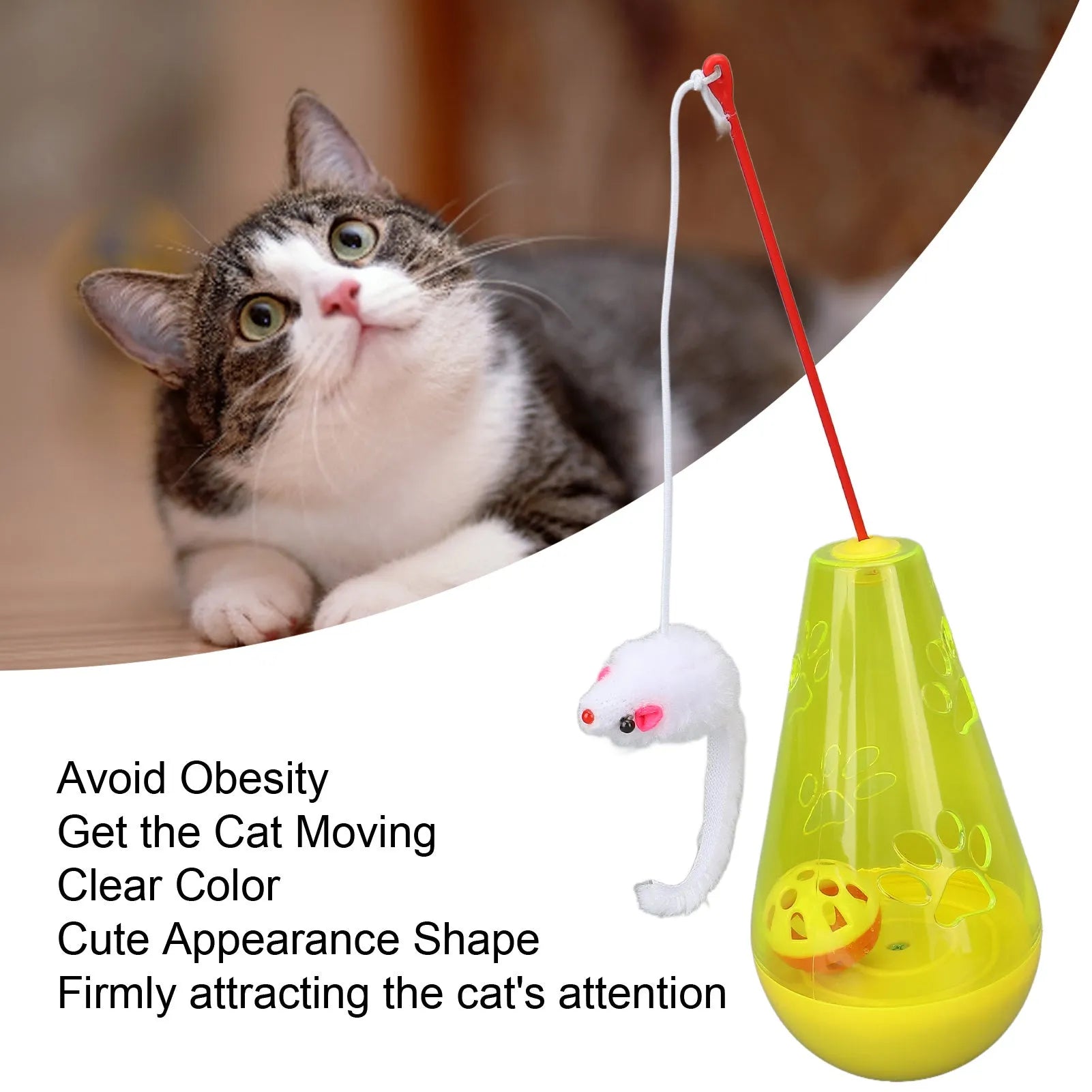 Blue and yellow cat toy with bell ball and treat dispenser plus plush mouse wand on white background
