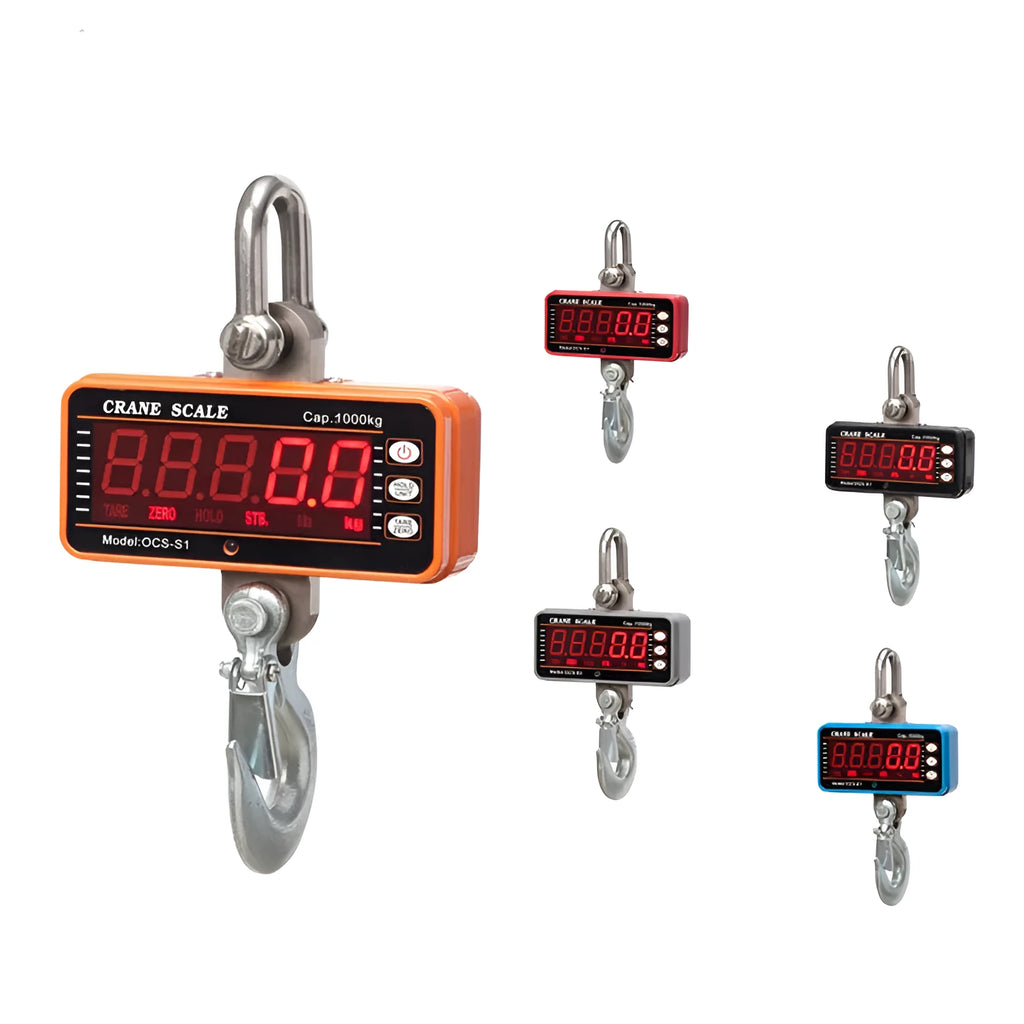 Orange electronic crane scale with digital display, shown suspended from a hook.