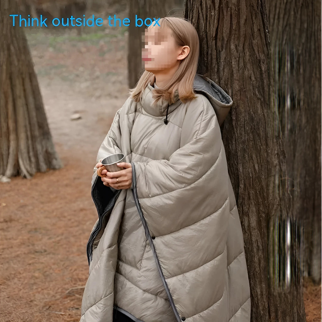 Outdoor cloak sleeping bag in grey colour showing wearable cape design and 200x140cm dimensions