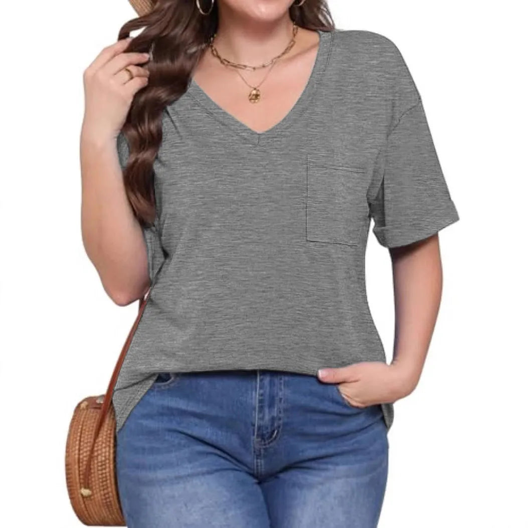 Grey loose-fit men's V-neck t-shirt with a chest pocket on a solid background.