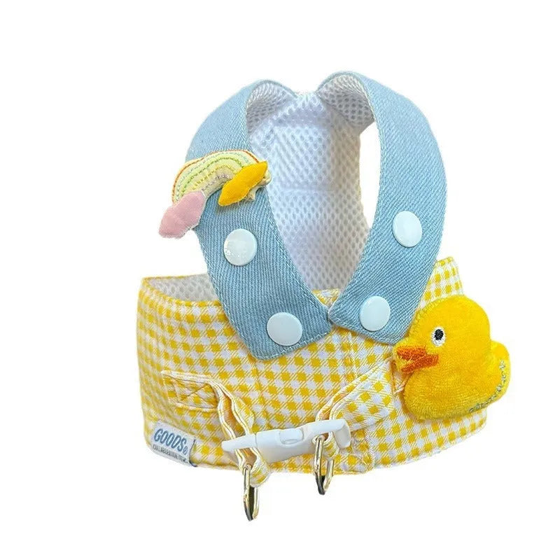 Dog harness and leash set with cat clothes, hat, and wire rope pulling rope for summer pet outings