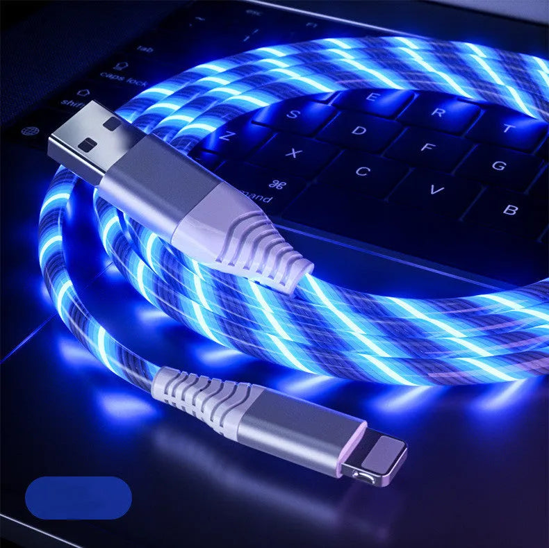 Luminous fast charging cable with aluminium alloy joint and Type C, Micro USB connectors.