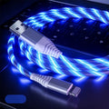 Luminous fast charging cable with aluminium alloy joint and Type C, Micro USB connectors.