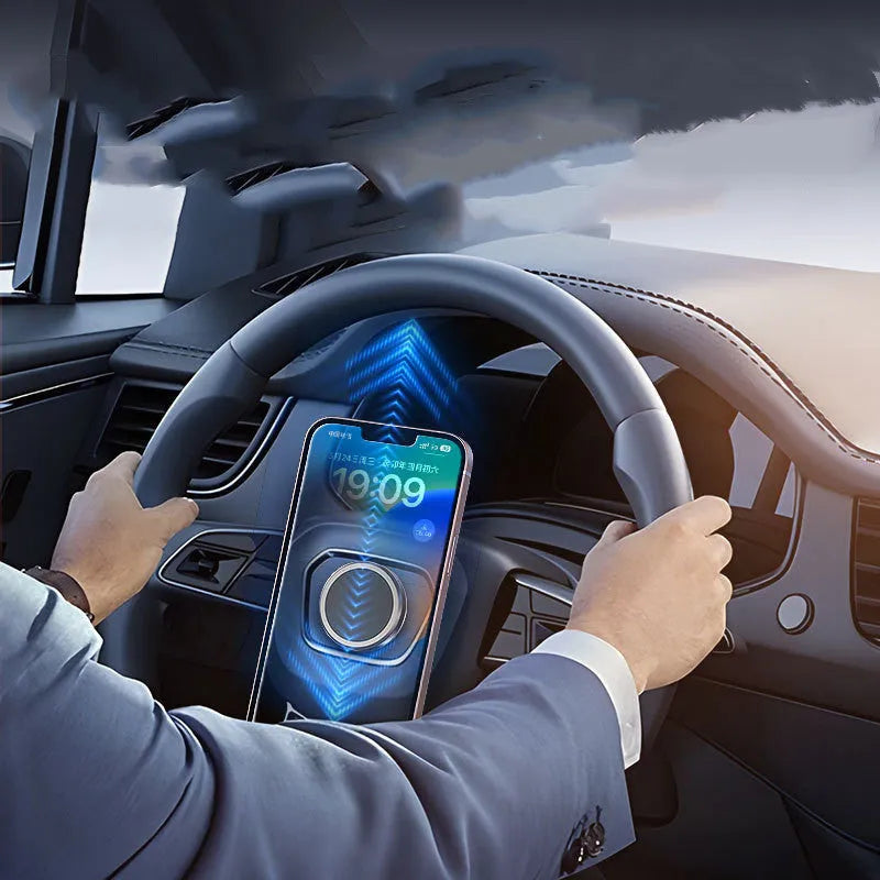 Obsidian black alloy magnetic centripetal force mobile phone holder with 2 magnetic disks.