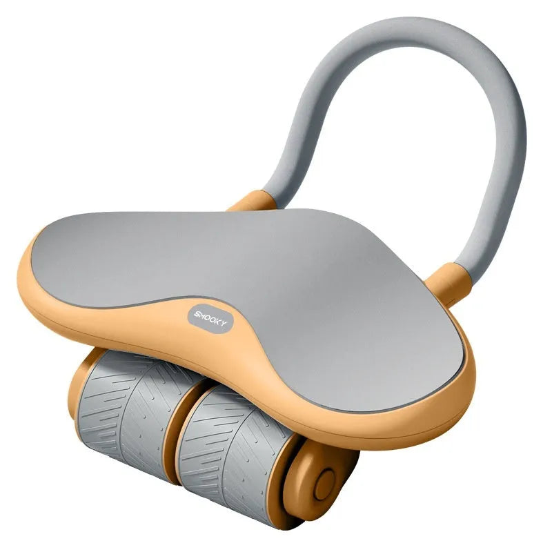 Black and orange three-wheel abdominal exercise roller with automatic rebound mechanism and a grey kneepad.