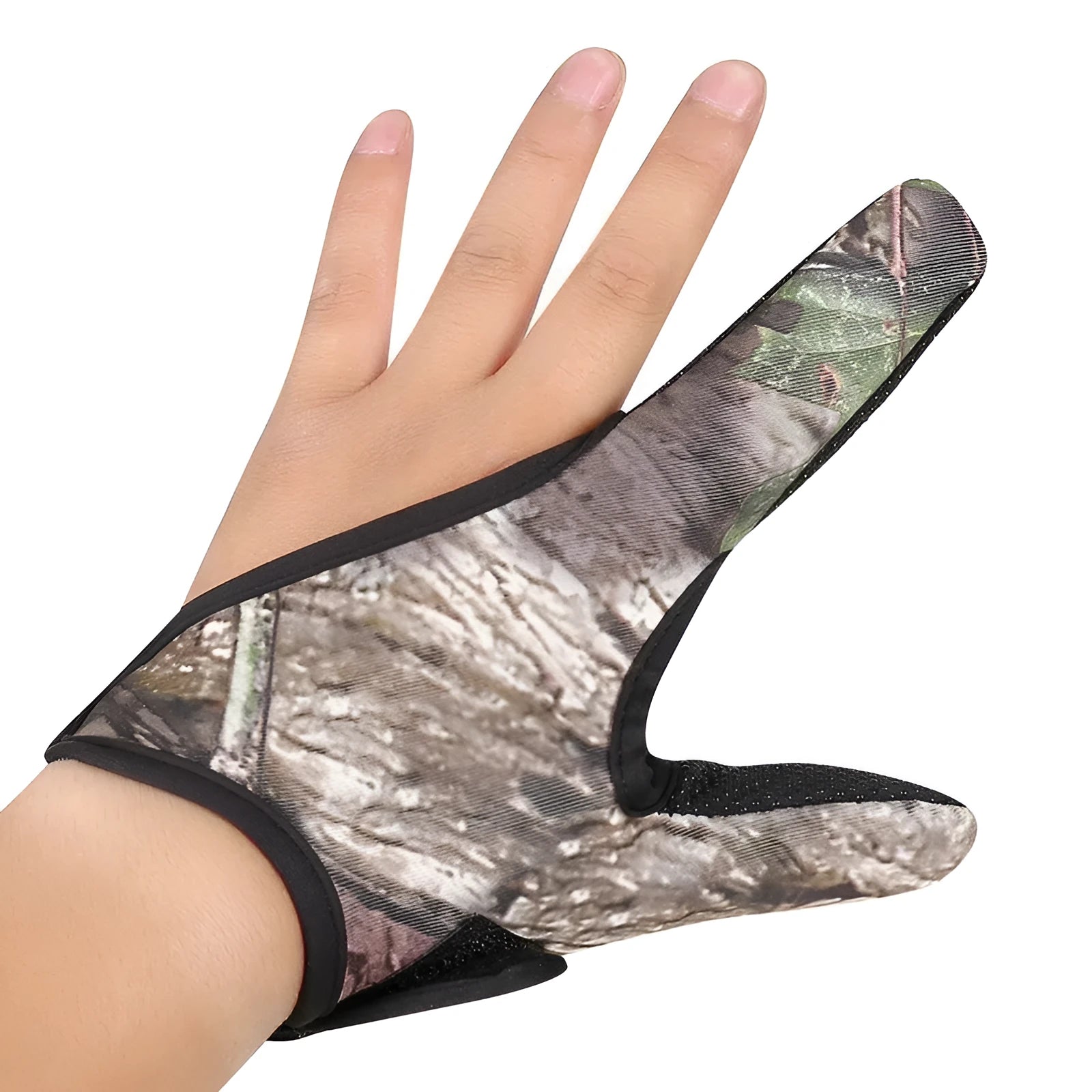 A single two-finger fishing glove in black, showing the diving cloth back and microfiber palm material.