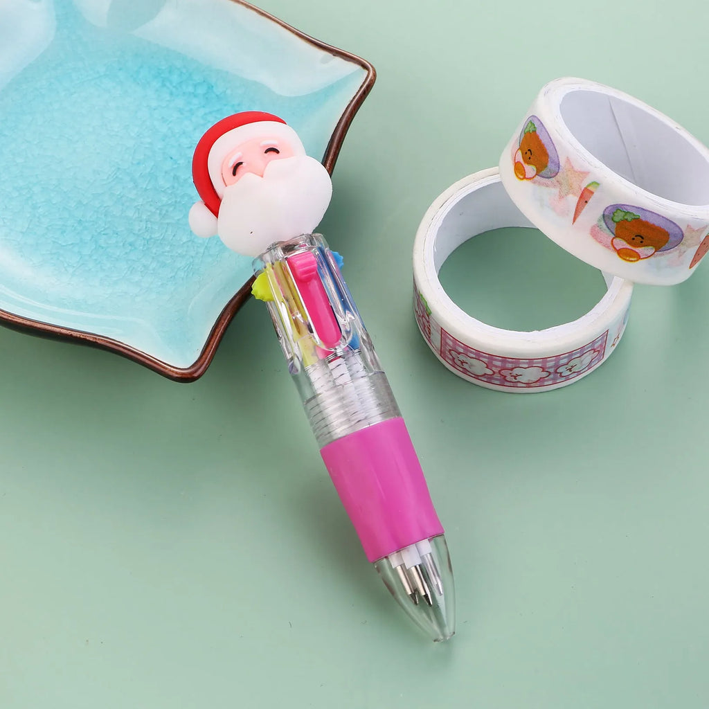 Compact 11cm Christmas ballpoint pen with four colours and festive designs like snowmen and reindeer.
