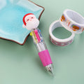 Compact 11cm Christmas ballpoint pen with four colours and festive designs like snowmen and reindeer.