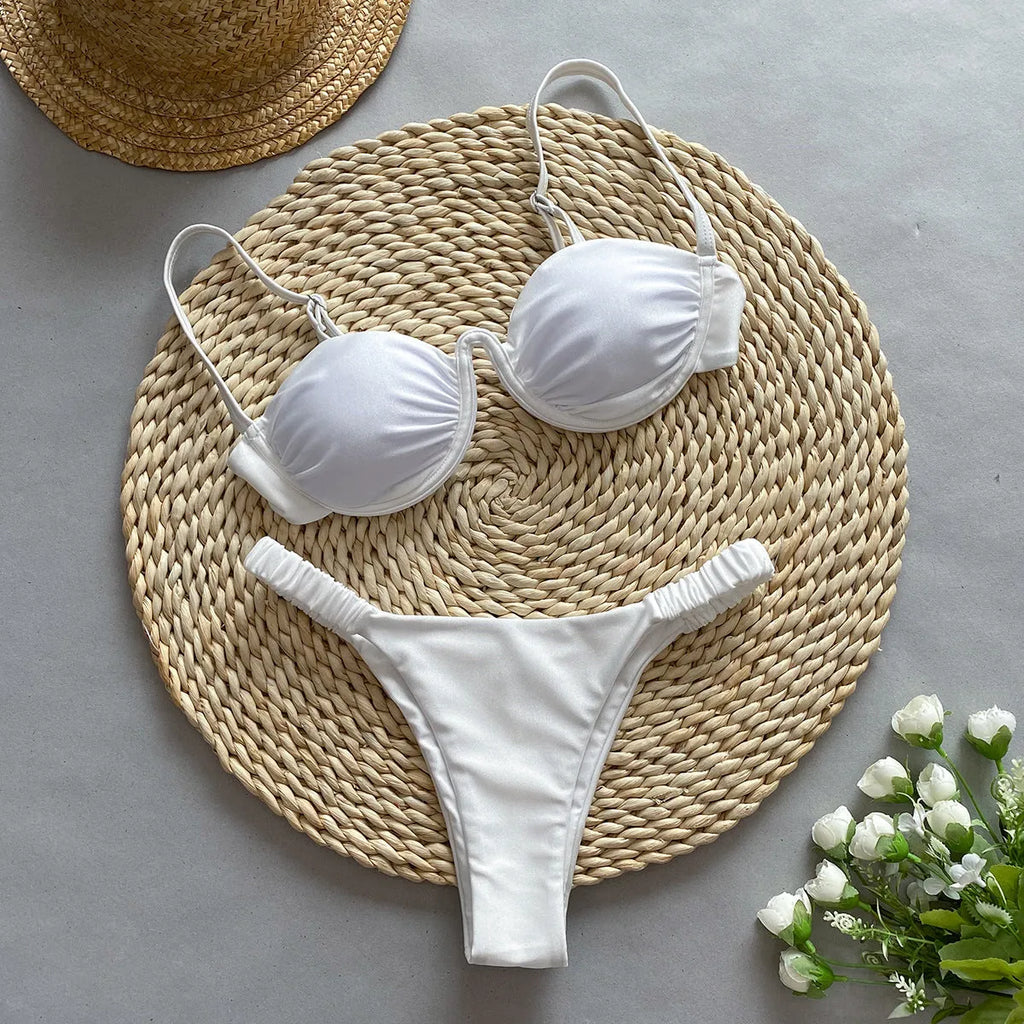 Women's underwire bikini swimsuit set in Khaki, White, or Black colours.