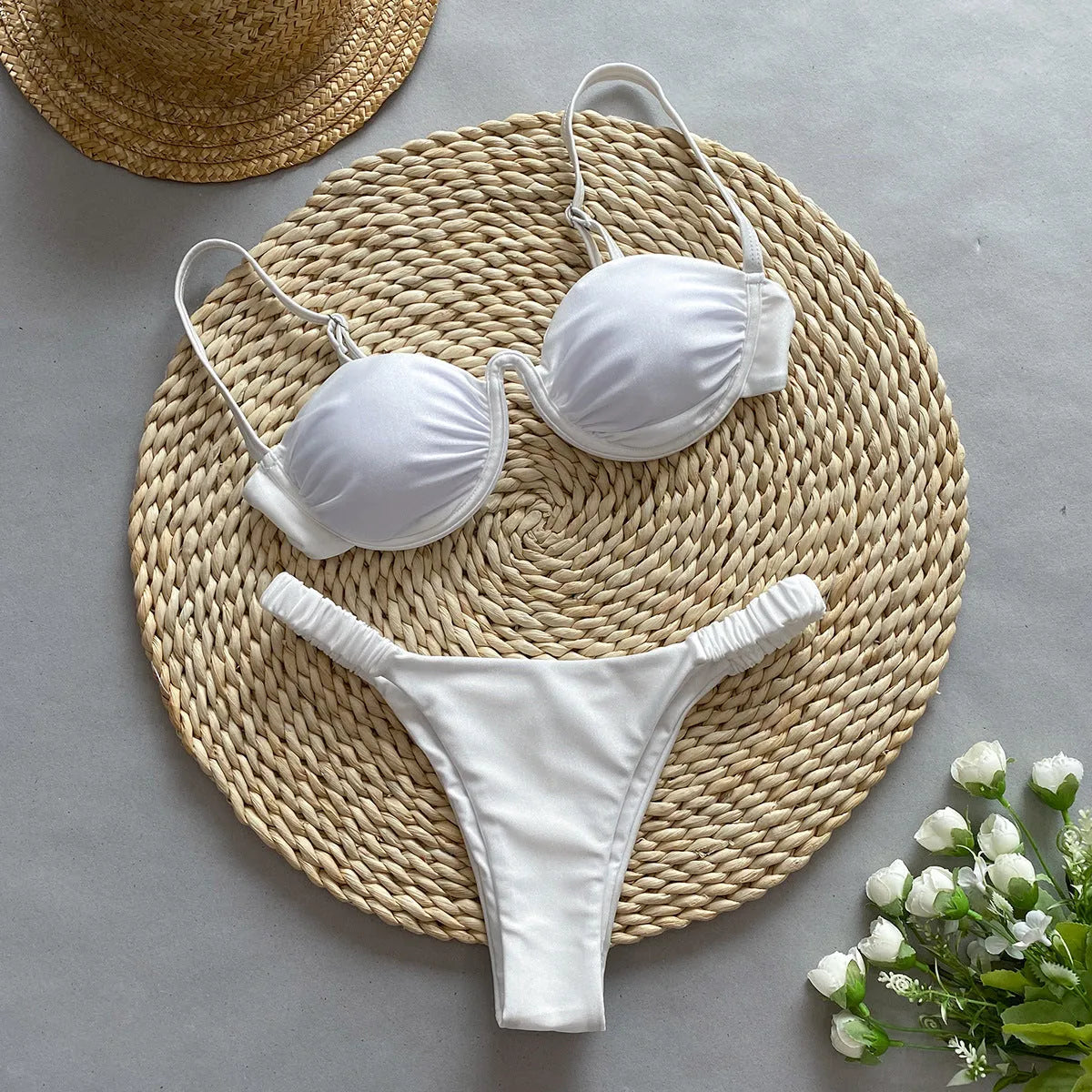 Women's underwire bikini swimsuit set in Khaki, White, or Black colours.