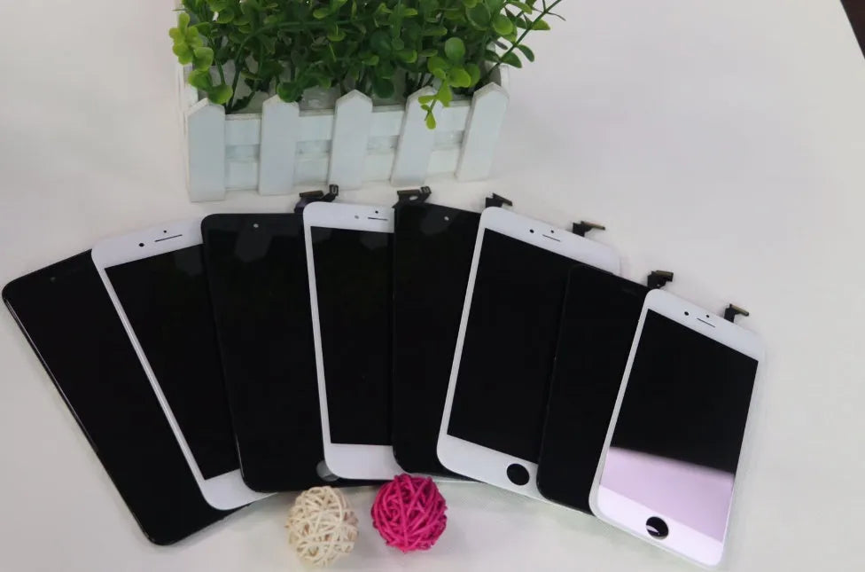 iPhone LCD screen replacement display with capacitive touch, shown with a black frame and a disassembly tool.