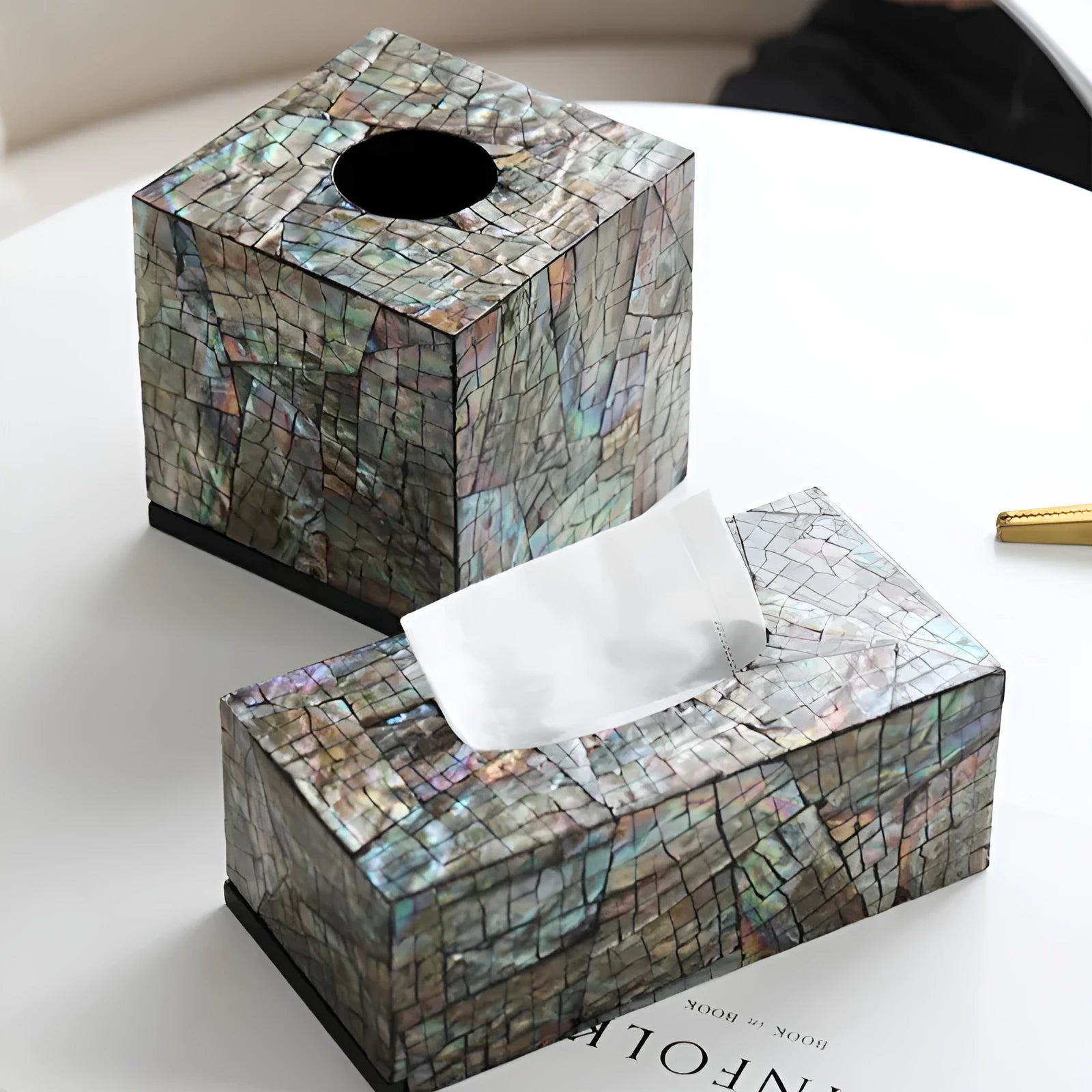 Black natural shell storage box with removable organisation inserts for tissue storage