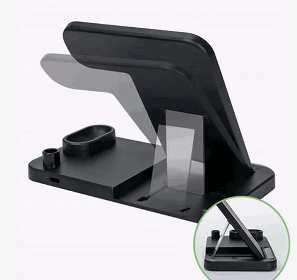 Black 4-in-1 wireless charging dock showing phone on angled stand, Apple Watch, AirPods case, and Apple Pencil charging simultaneously.