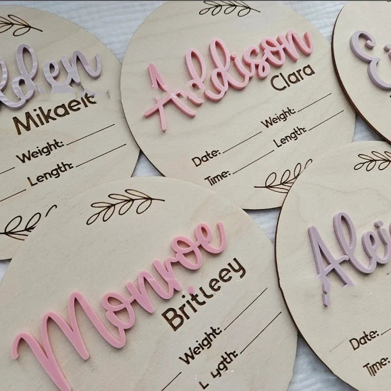 Square wooden baby name label with birth details in one of three style choices.