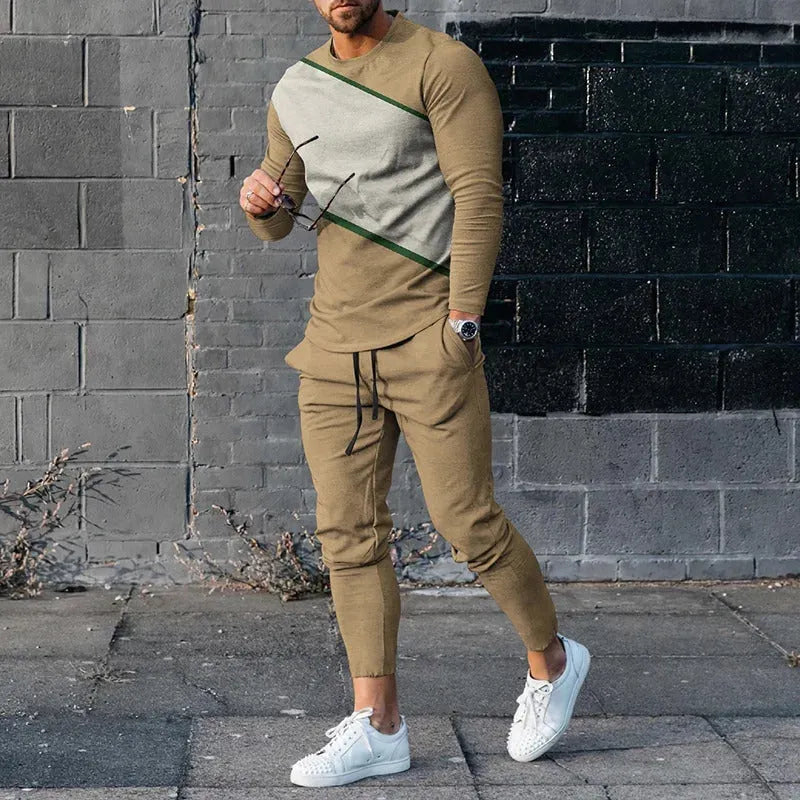 Men's round neck striped sweatshirt suit set with long sleeves and trousers in 90% polyester, multiple colours available
