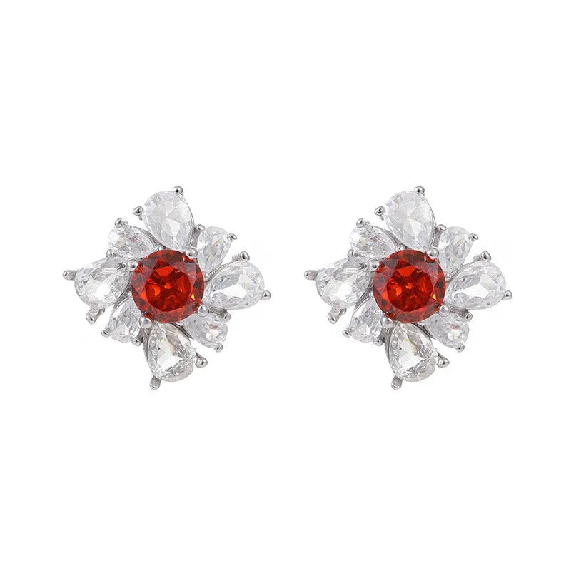 Women's retro pigeon red sterling silver earrings with geometric U-shaped design and diamond temperament styling