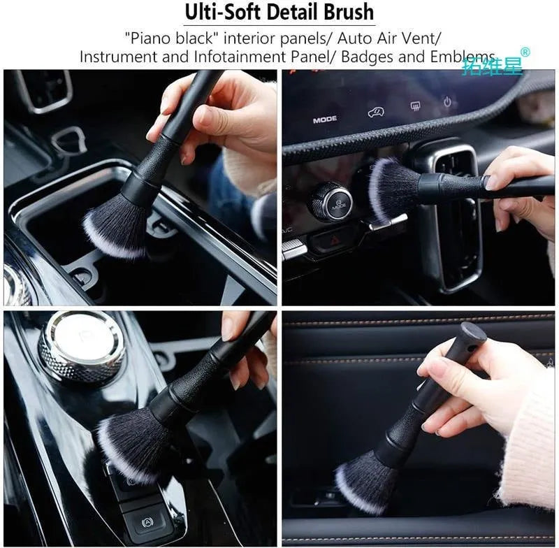 Black car detailing brush with soft pig hair bristles and polypropylene handle