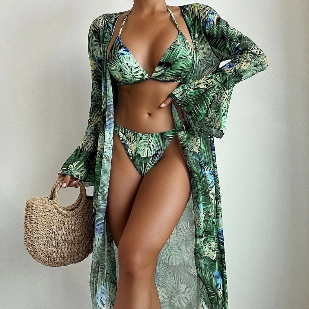European American split bikini cover beach swimsuit set in green flower pattern with coat top and shorts