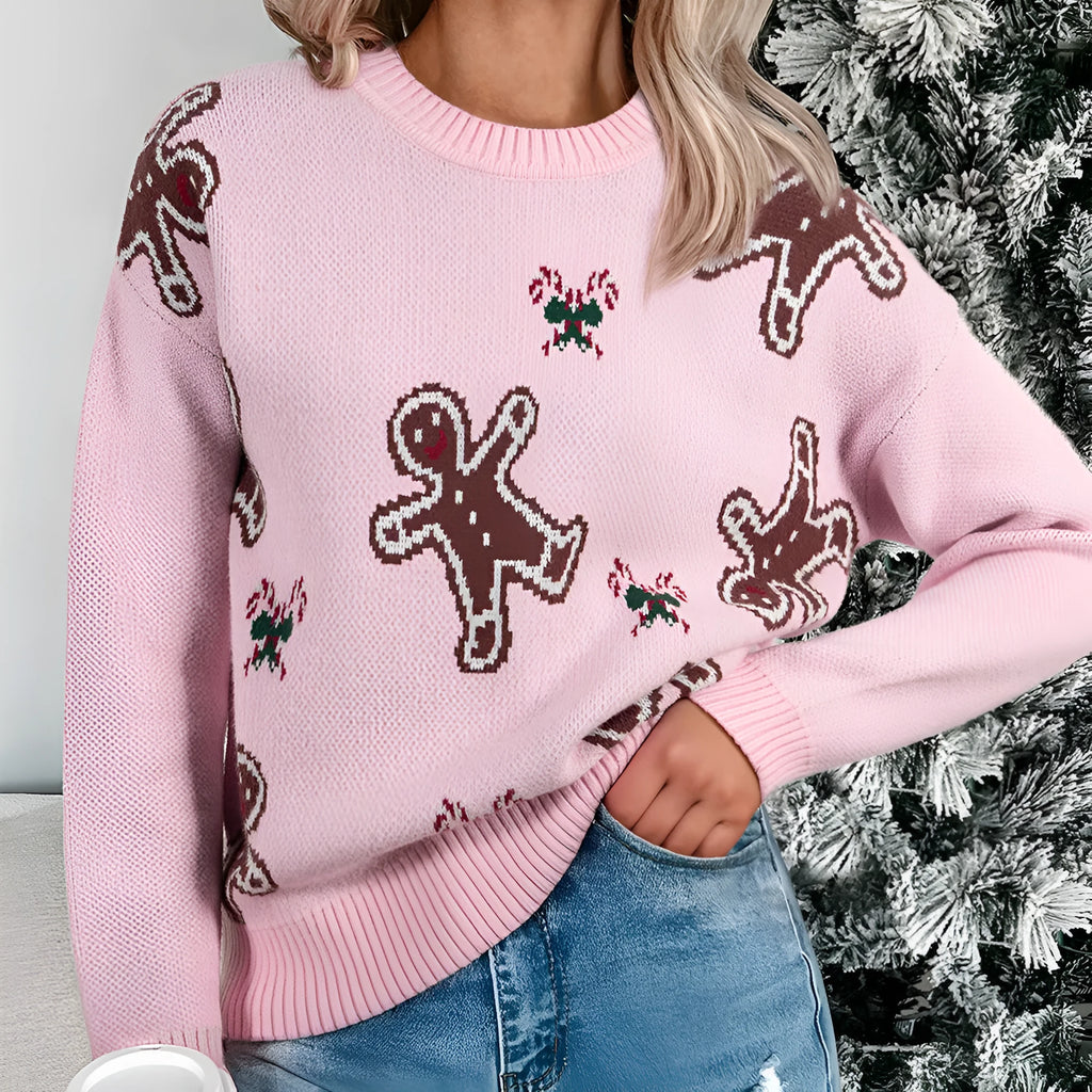 Women's pink acrylic loose slimming sweater with round neck and long sleeves for spring