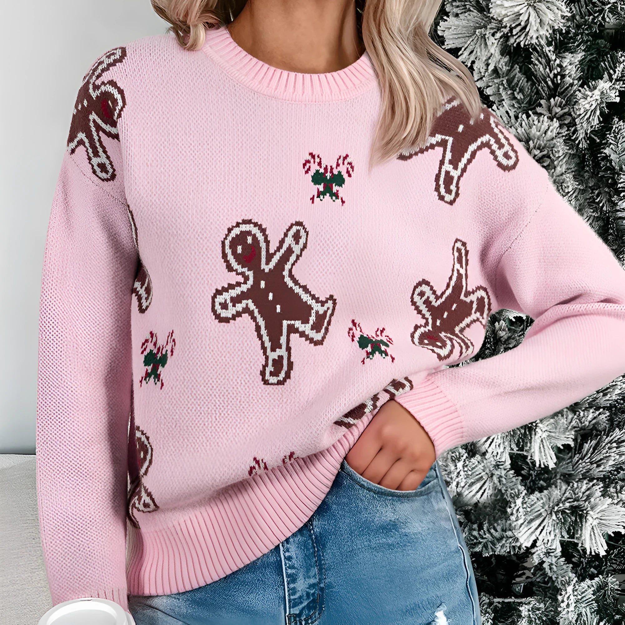 Women's pink acrylic loose slimming sweater with round neck and long sleeves for spring