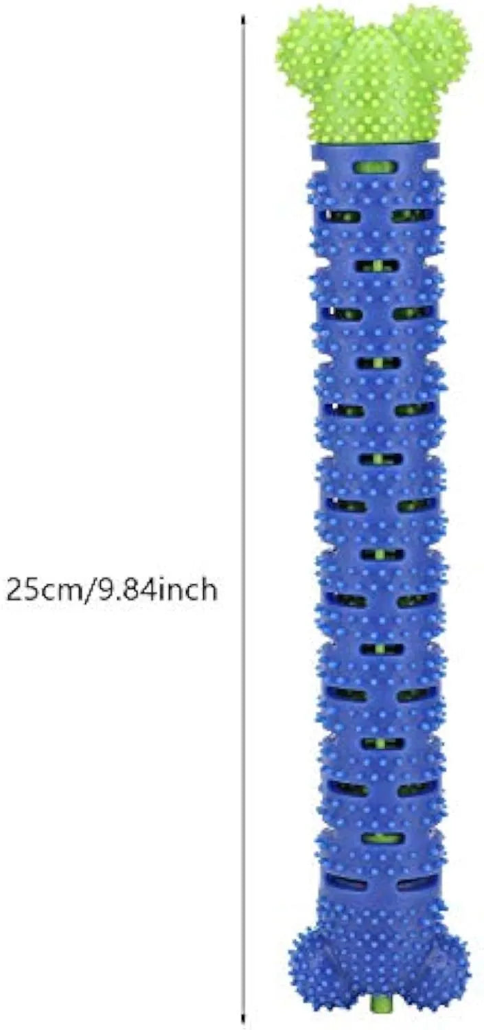 Blue and green silicone dog dental chew toy with serrated brush head and massage nodules.