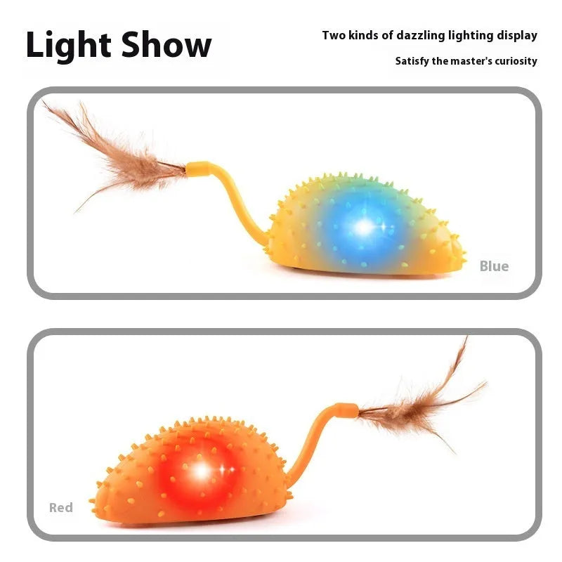 Remote control silicone mouse cat toy with USB charger and feather attachment in cyan colour