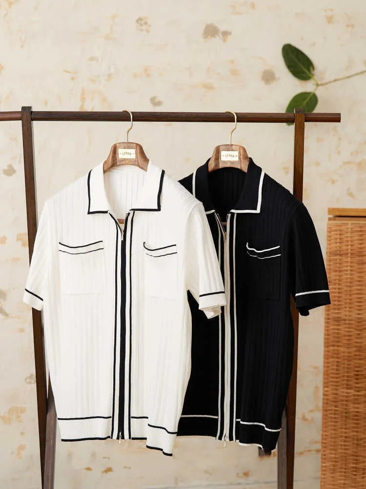 Slim black elastic lapel polo shirt with short sleeves on a mannequin.