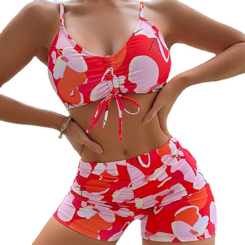 Printed drawstring high waist bikini swimsuit for women, colour ZH289RE, polyester lined brief