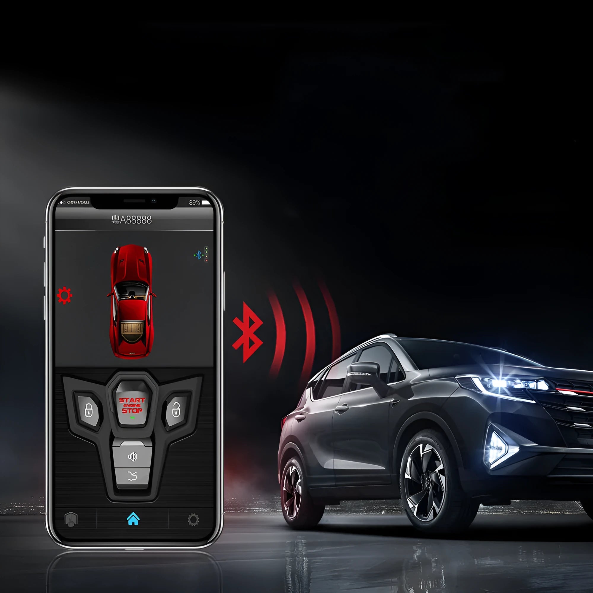 Red and frosted black one-way car alarm unit with two remote controls for 3000m vehicle security.