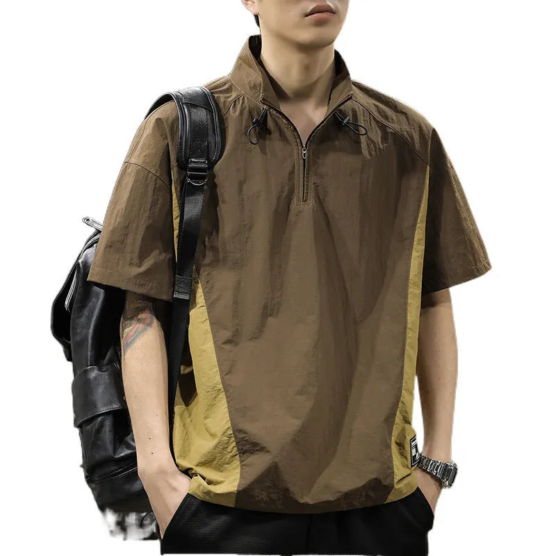 Brown men's half-zip stand collar short sleeve shirt with a fleece lining.