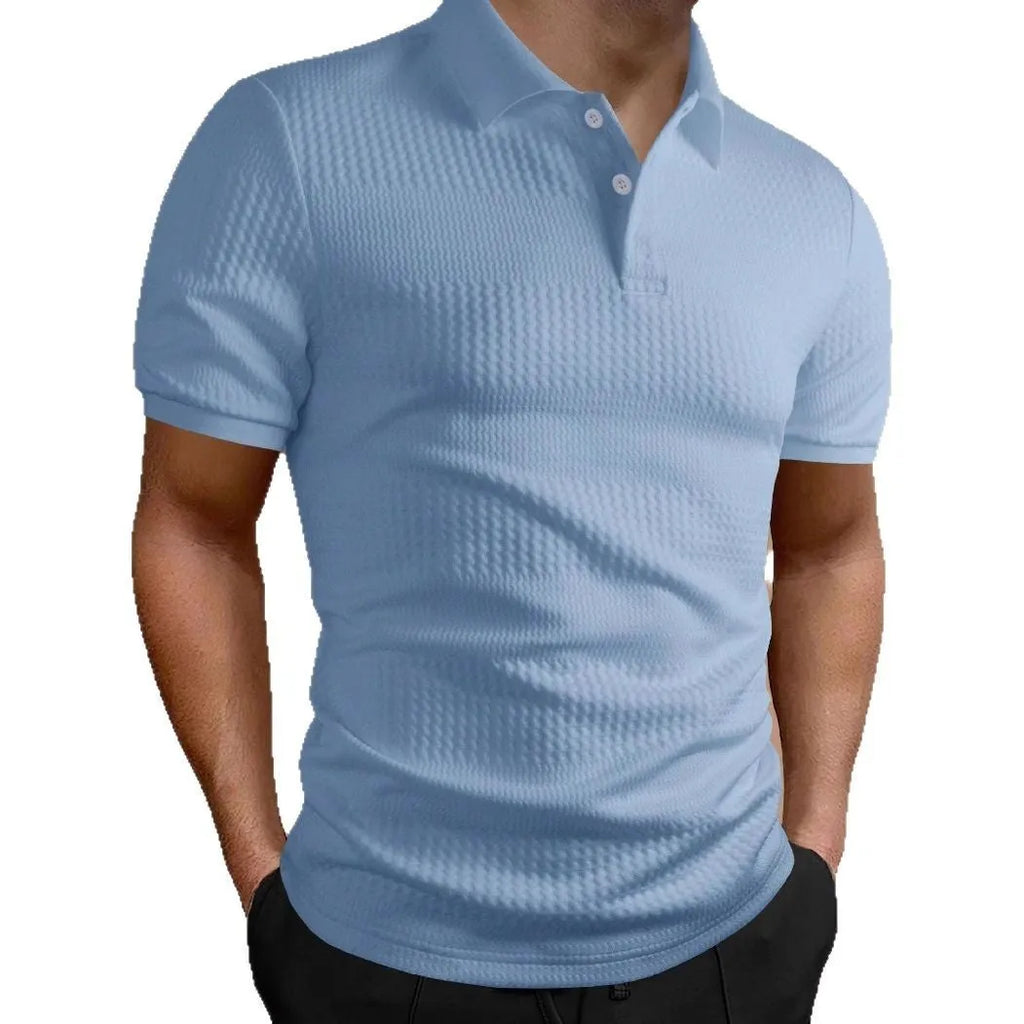 Men's striped loose fit polo shirt in light blue with asymmetric detail and short sleeves