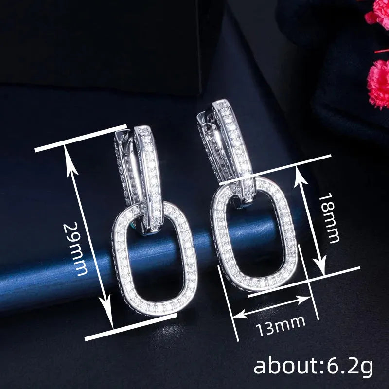 Geometric copper earrings with inlaid zircon, U-shape design, white gold tone finish, for women fashion OL style