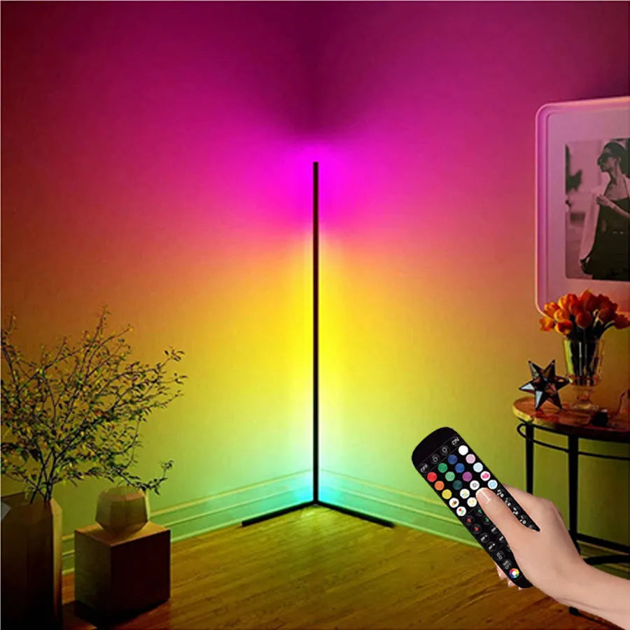 Black aluminium alloy smart RGB floor lamp with silicone shade and remote control