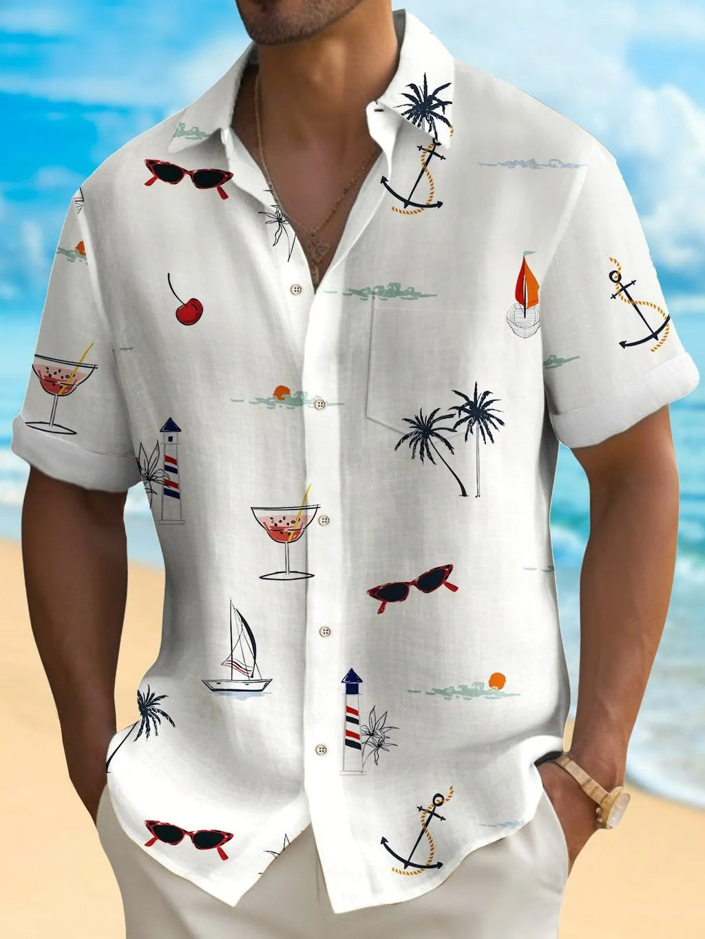 Man wearing a brightly coloured, digitally printed Hawaiian shirt with a loose fit and short sleeves.
