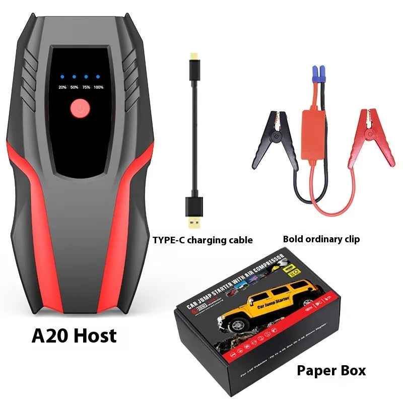 Portable 1000A car jump starter with battery clamp and charging cable, V0 fireproof casing, 12V emergency power supply for vehicles