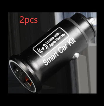Black plug-in GPS car tracker with magnetic base, shown inserted into a vehicle's 12V lighter socket.