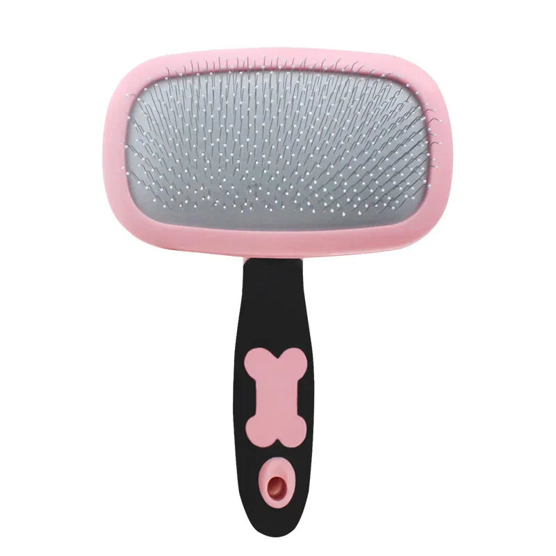 Blue large rectangular pet grooming brush with stainless steel bristles and rubber handle on white background