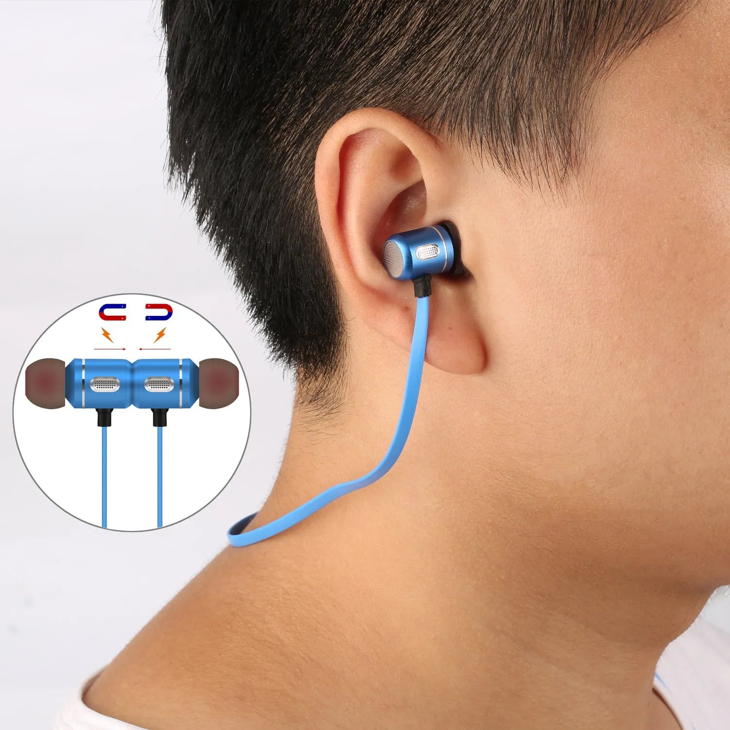 AX-09 magnetic sports Bluetooth headset in blue with ear caps and USB cable