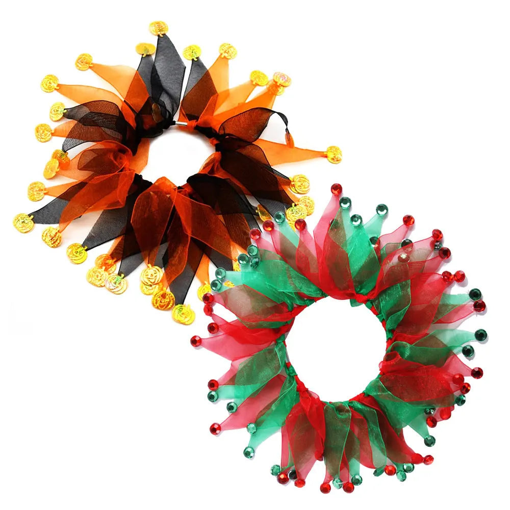 Tie-dye pet dog collar showing Halloween and Christmas patterns plus green and blue colour options