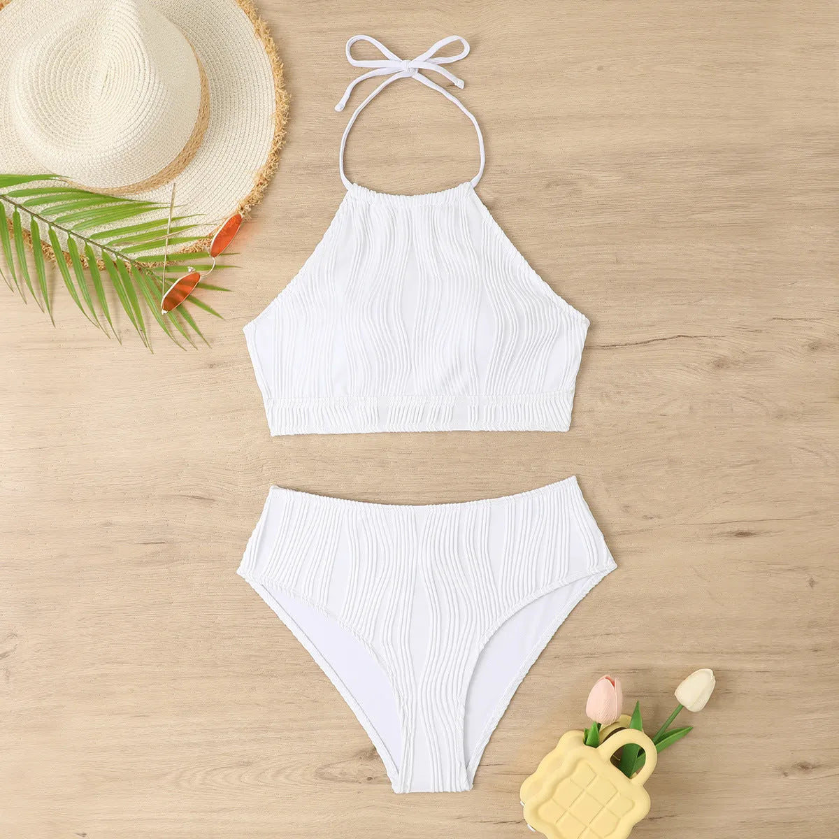 Conservative high-waist apron-style one-piece women's swimsuit in solid colour.