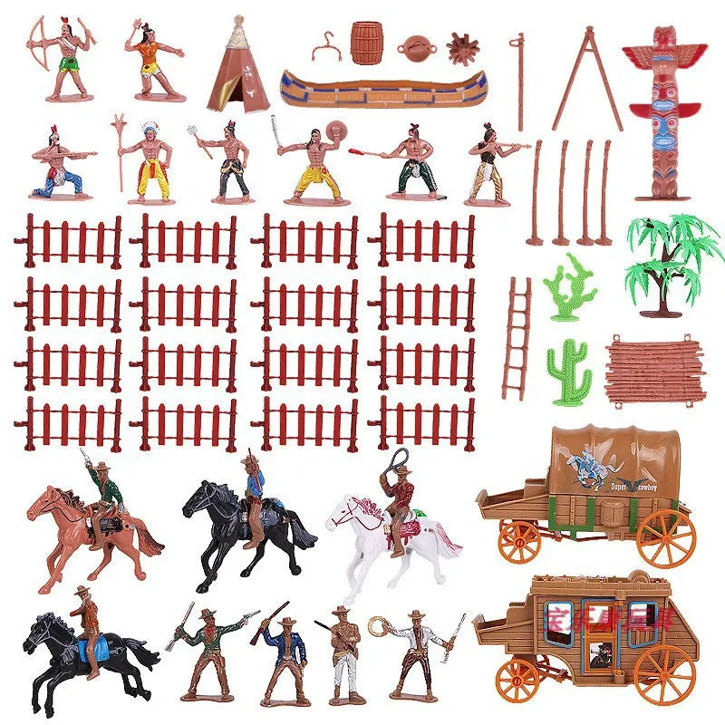 Western cowboy pulling a carriage sand play set with 19 burgundy pieces including Native Americans, cowboys, and fence