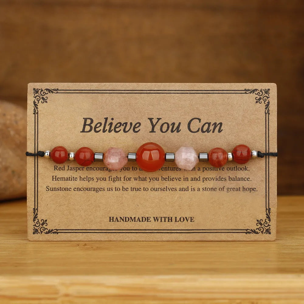 Handmade red geometric bracelet with sunstone, redstone, and copper beads.